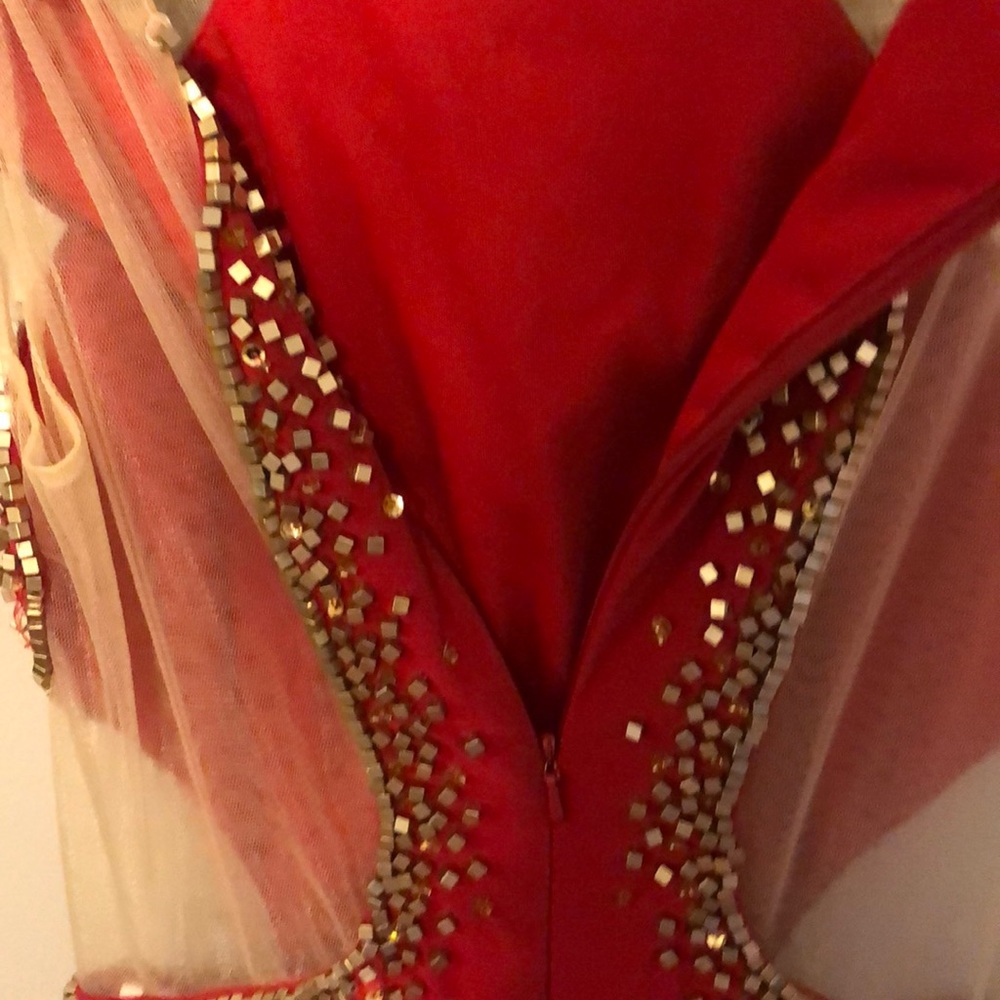 GLS Red With Gold Beads Long Prom Dress With Slit - Picture 13 of 14